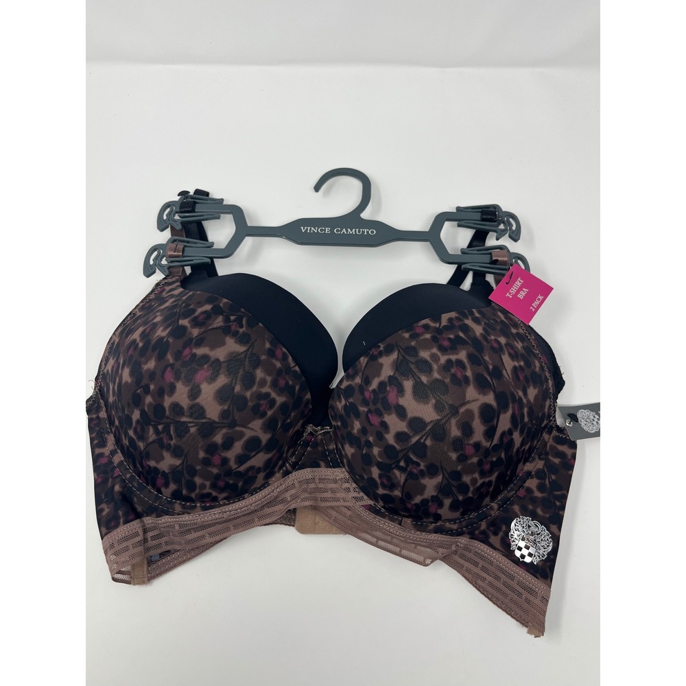 Vince Camuto 2 Pack T-Shirt Bra Black Brown Leopard Animal Print 36C Fierce